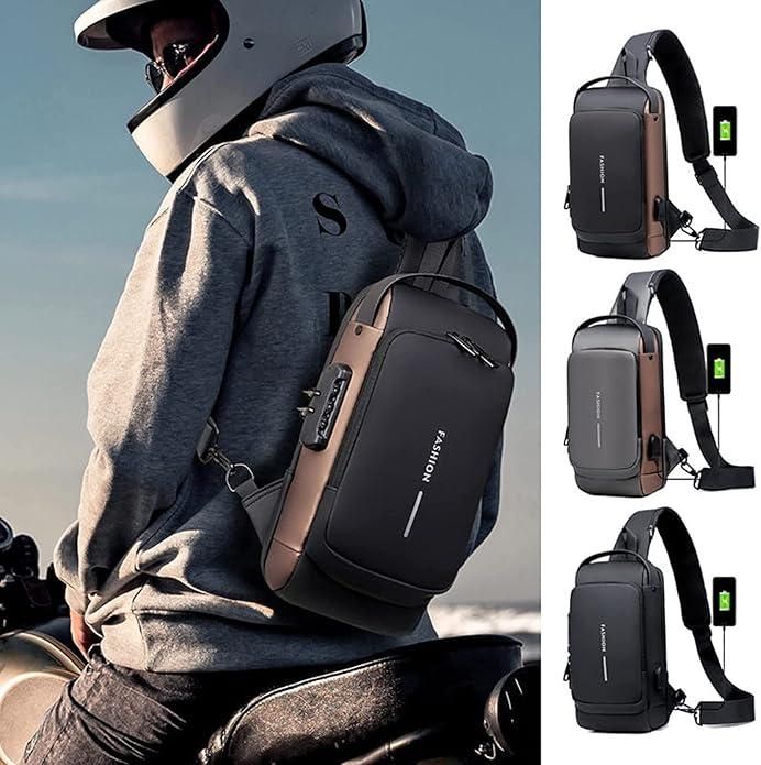 Waterproof Leather Sling Bag for Men & Women with USB Charging Port & Password Lock