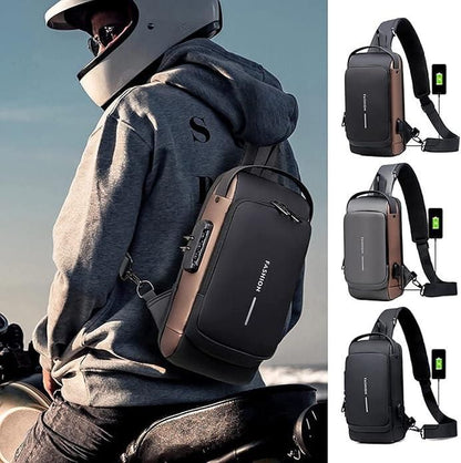 Waterproof Leather Sling Bag for Men & Women with USB Charging Port & Password Lock