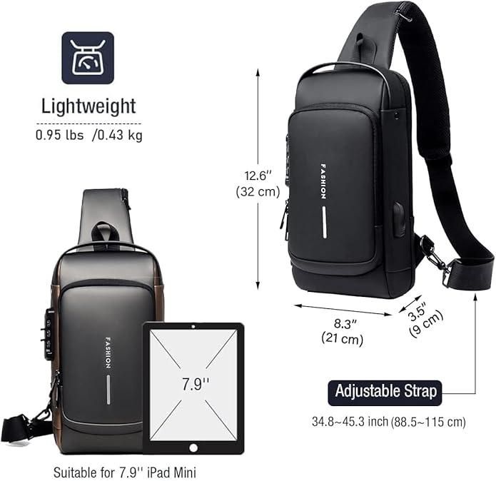 Waterproof Leather Sling Bag for Men & Women with USB Charging Port & Password Lock
