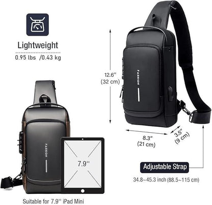 Waterproof Leather Sling Bag for Men & Women with USB Charging Port & Password Lock