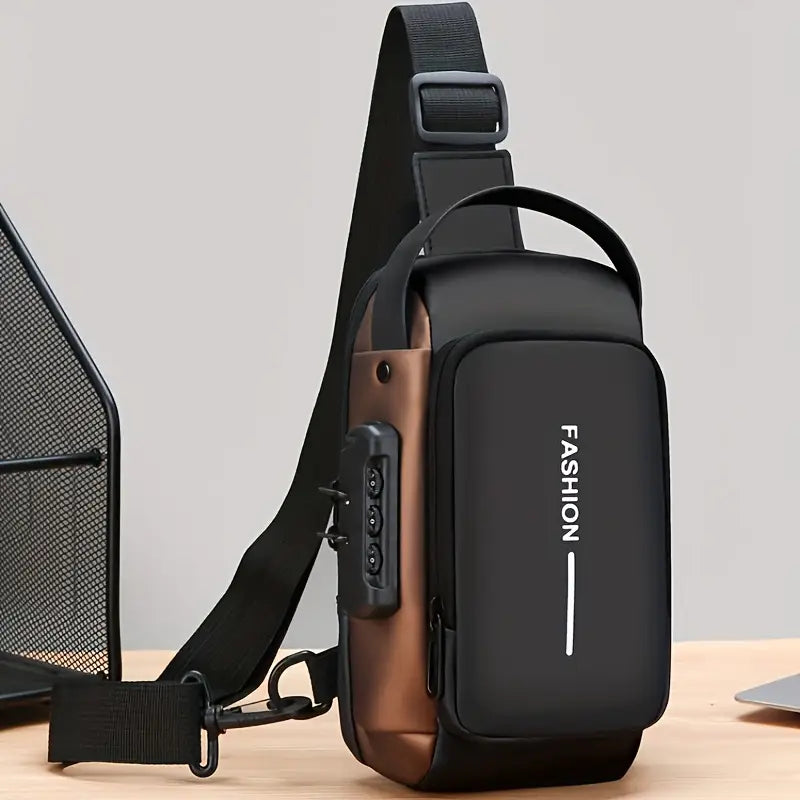 Waterproof Leather Sling Bag for Men & Women with USB Charging Port & Password Lock