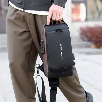 Waterproof Leather Sling Bag for Men & Women with USB Charging Port & Password Lock