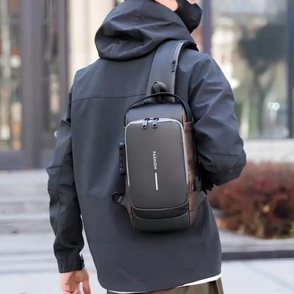Waterproof Leather Sling Bag for Men & Women with USB Charging Port & Password Lock